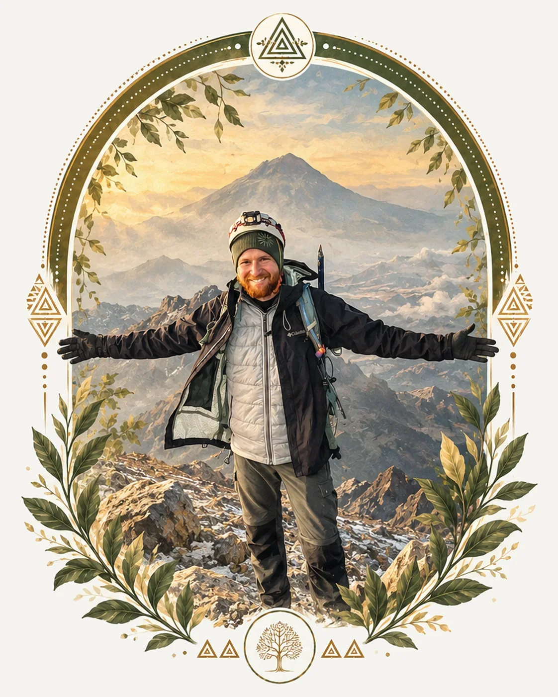 Elhanan with arms open on a mountain summit.